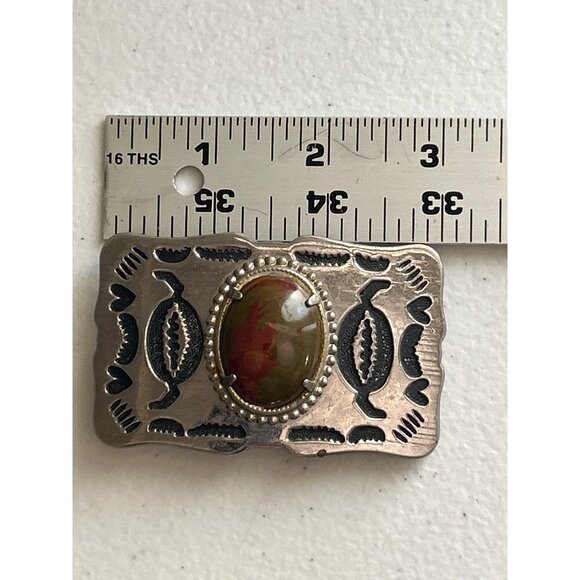 Vintage Silver Belt Buckle With Brown Stone Inlay & Southwestern Design - Picture 3 of 4